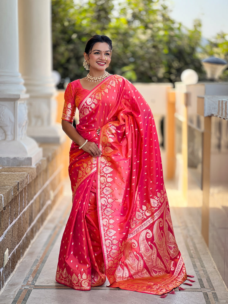 Peach Unique Meena Banarasi Silk Saree With Blouse Piece