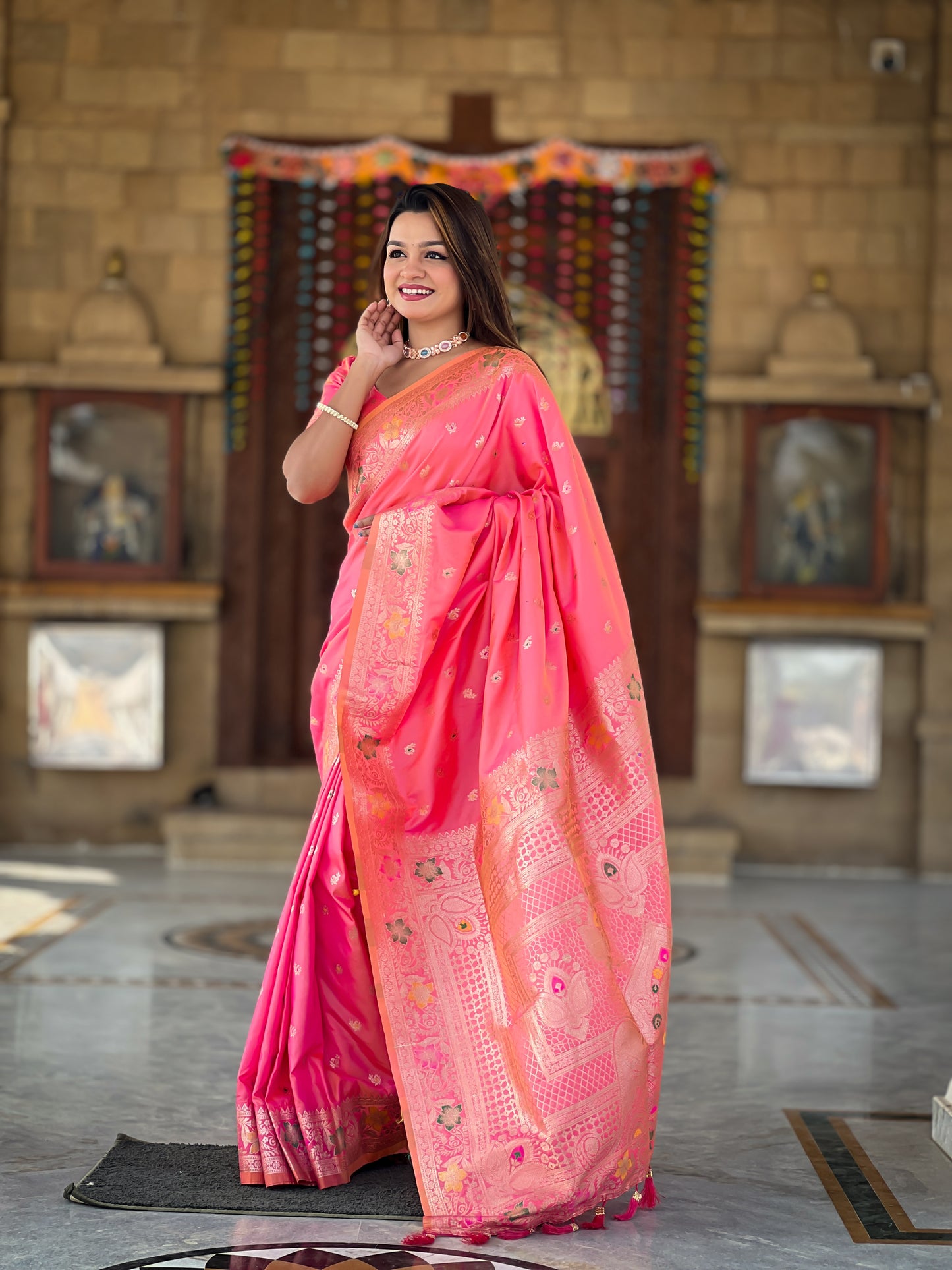 Peach Zari Weaving Banarasi Saree With Blouse Piece