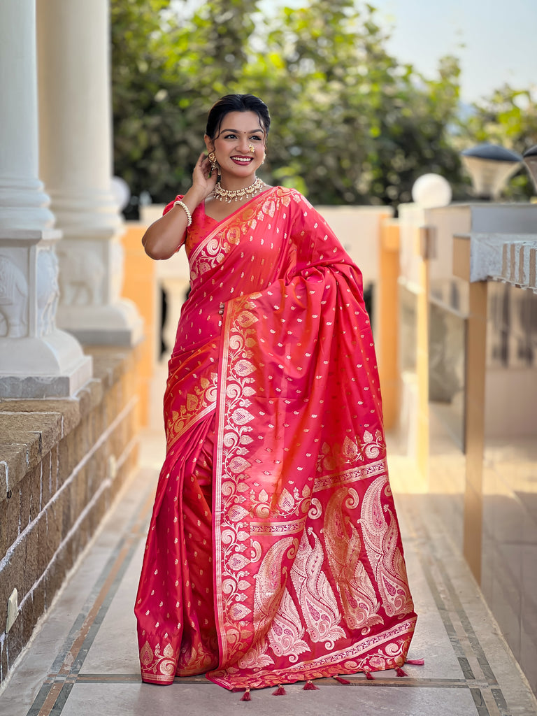 Peach Unique Meena Banarasi Silk Saree With Blouse Piece