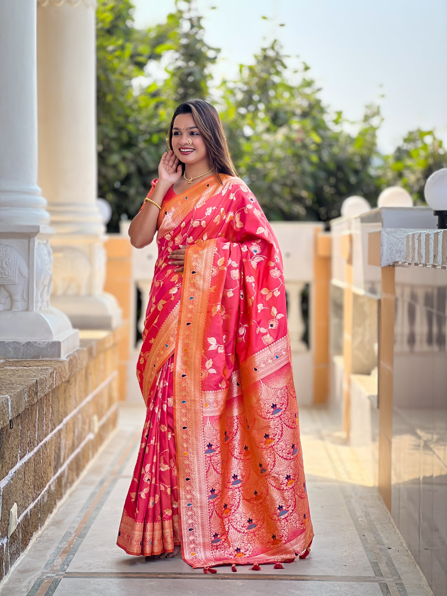 Peach Meenakari Elegance Banarasi Silk Saree