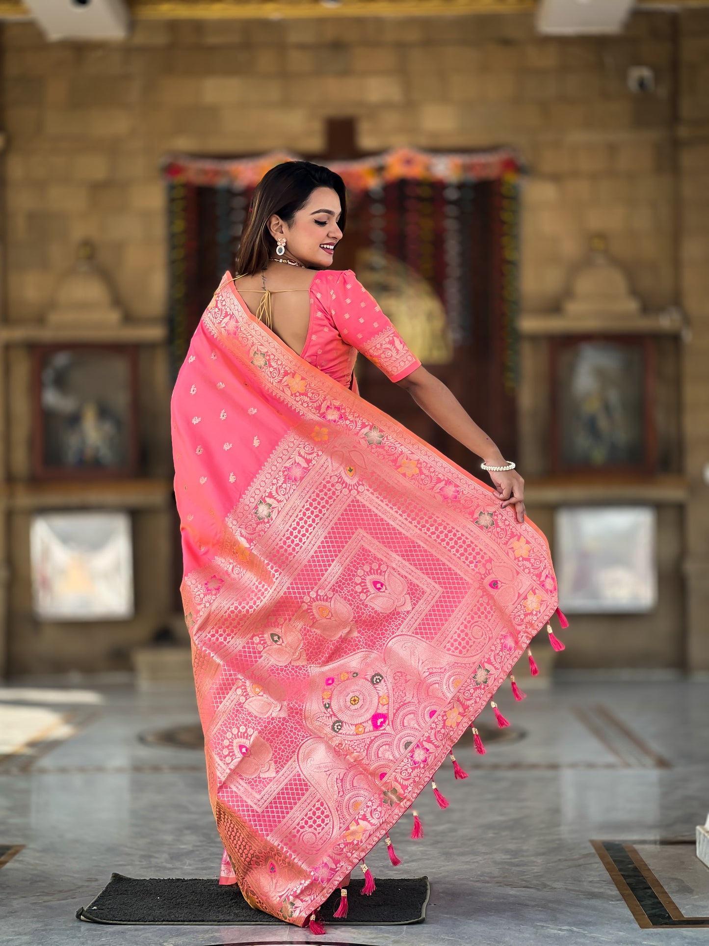 Peach Zari Weaving Banarasi Saree With Blouse Piece