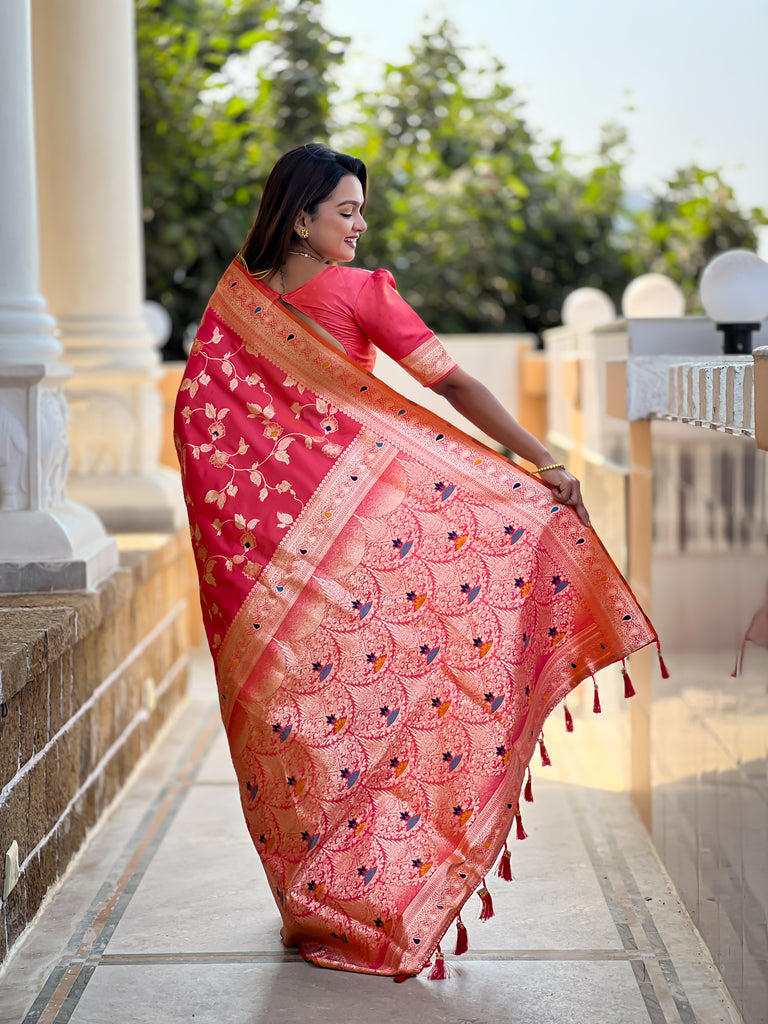 Peach Meenakari Elegance Banarasi Silk Saree