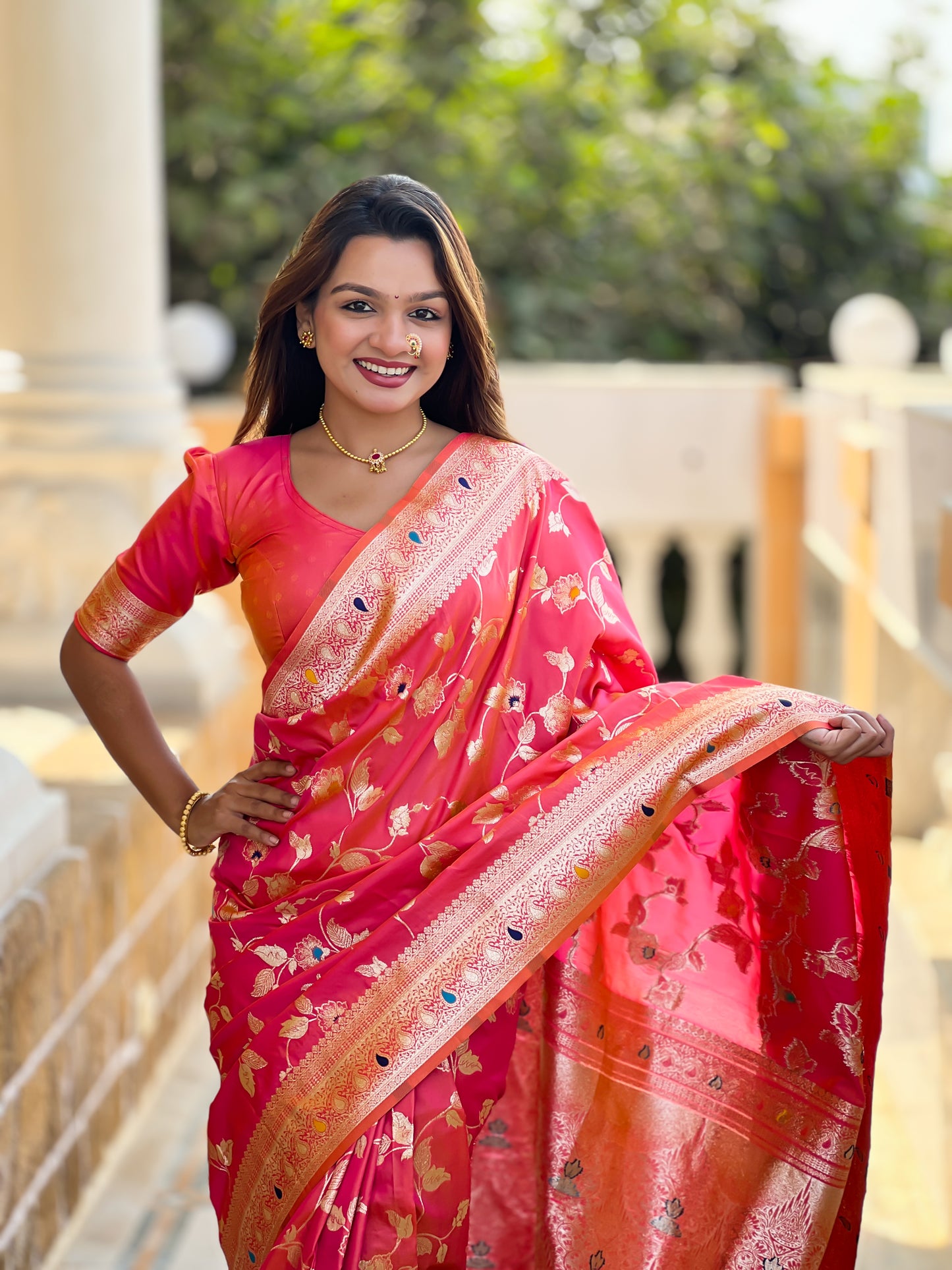 Peach Meenakari Elegance Banarasi Silk Saree