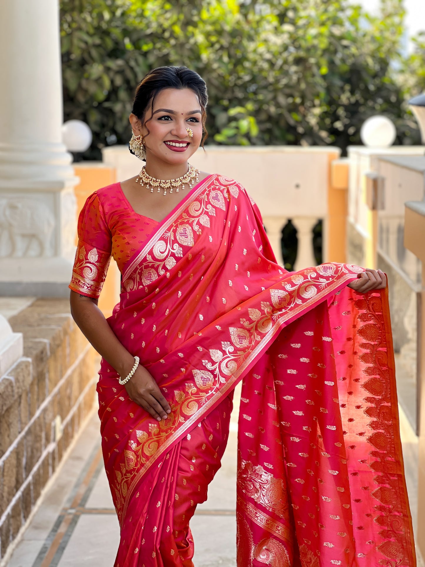 Peach Unique Meena Banarasi Silk Saree With Blouse Piece