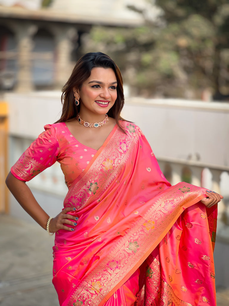 Peach Zari Weaving Banarasi Saree With Blouse Piece