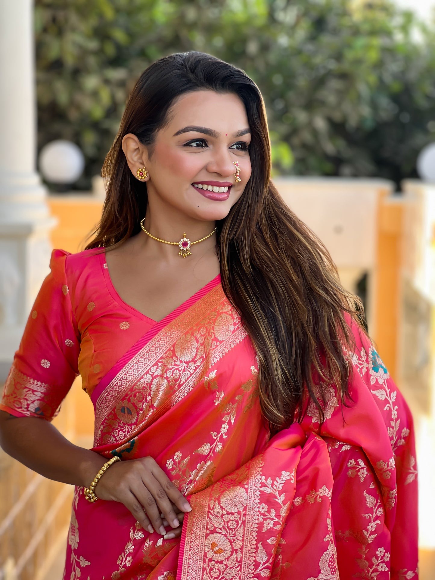 Peach Graceful Trending Banarasi Silk Saree With Blouse Piece