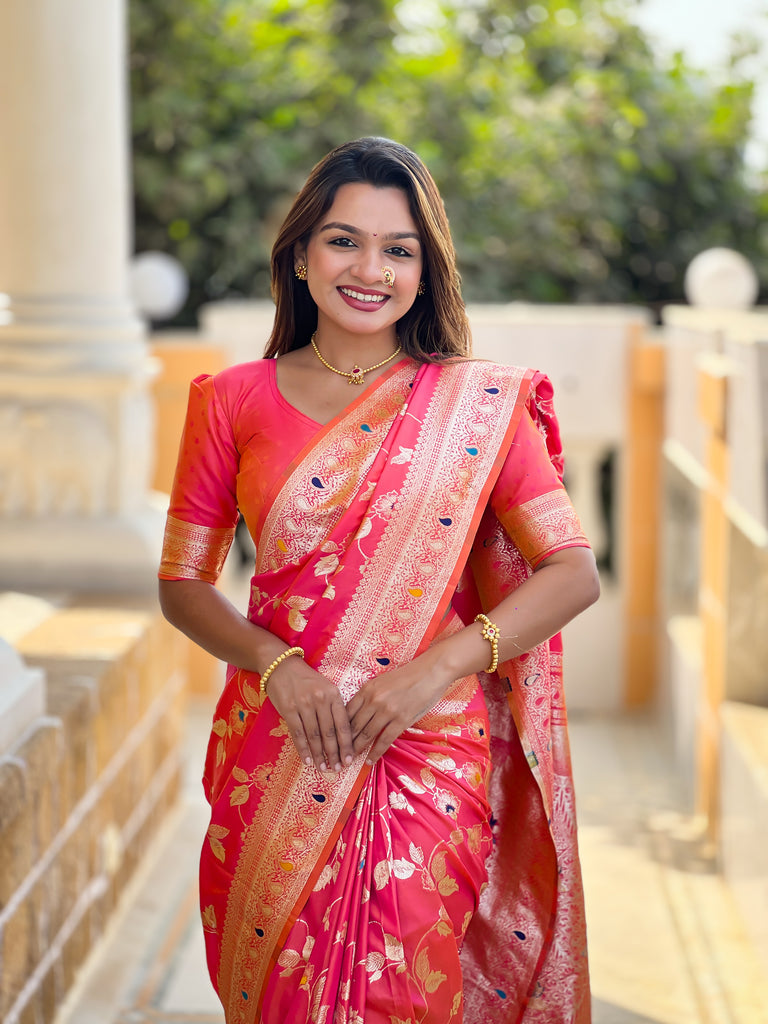 Peach Meenakari Elegance Banarasi Silk Saree