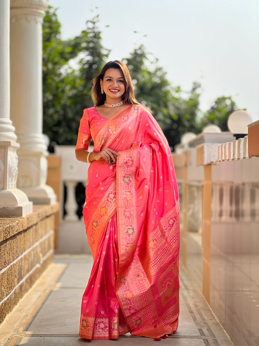 Peach Zari Weaving Banarasi Saree With Blouse Piece
