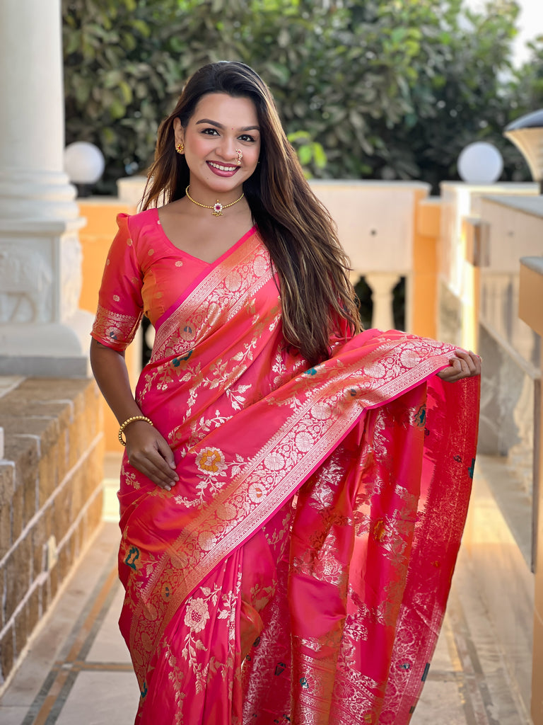 Peach Graceful Trending Banarasi Silk Saree With Blouse Piece