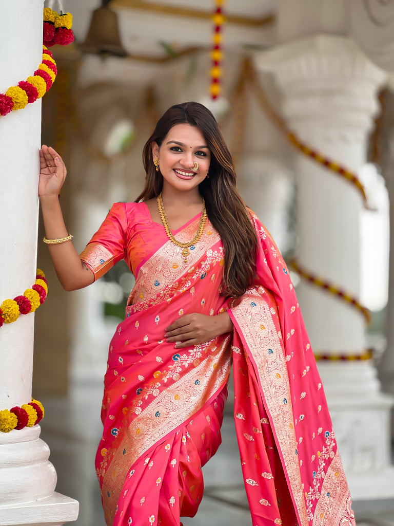Peach Graceful Meena Banarasi Silk Saree With Blouse Piece