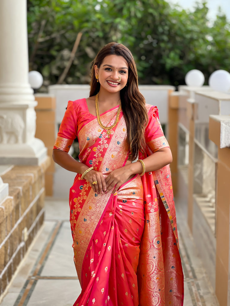 Peach Graceful Meena Banarasi Silk Saree With Blouse Piece
