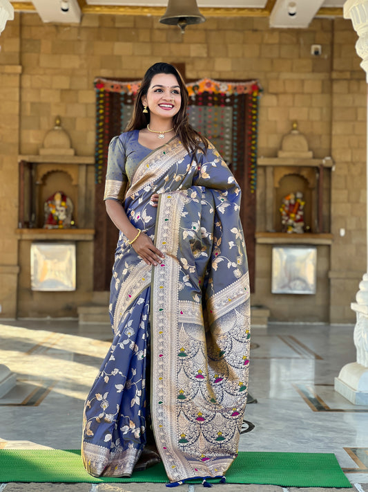 Grey Meenakari Elegance Banarasi Silk Saree