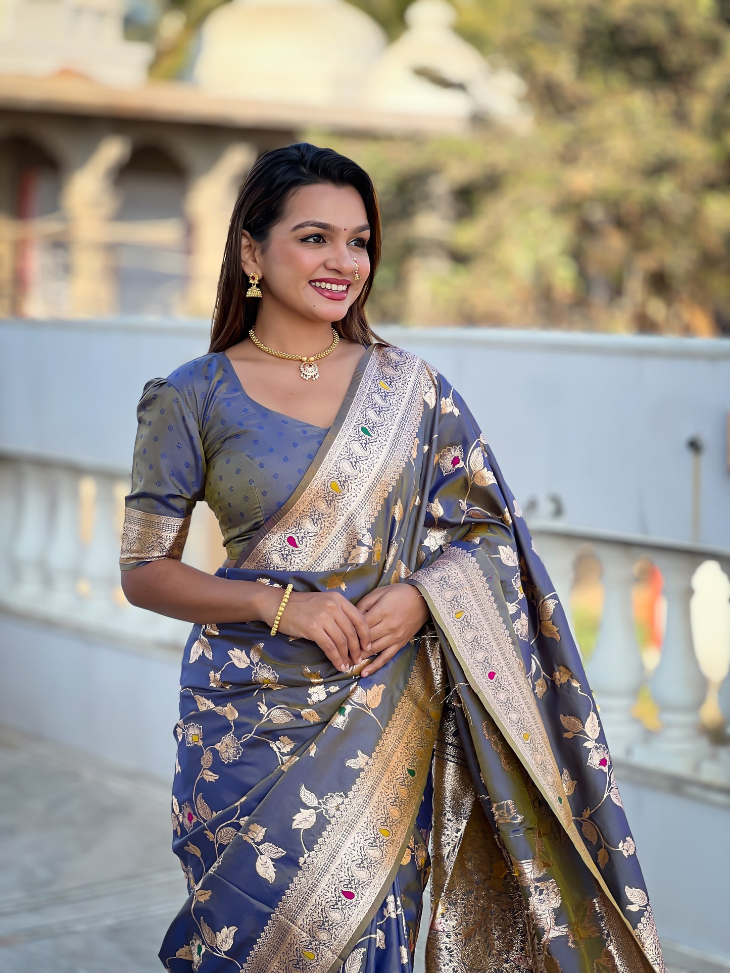 Grey Meenakari Elegance Banarasi Silk Saree