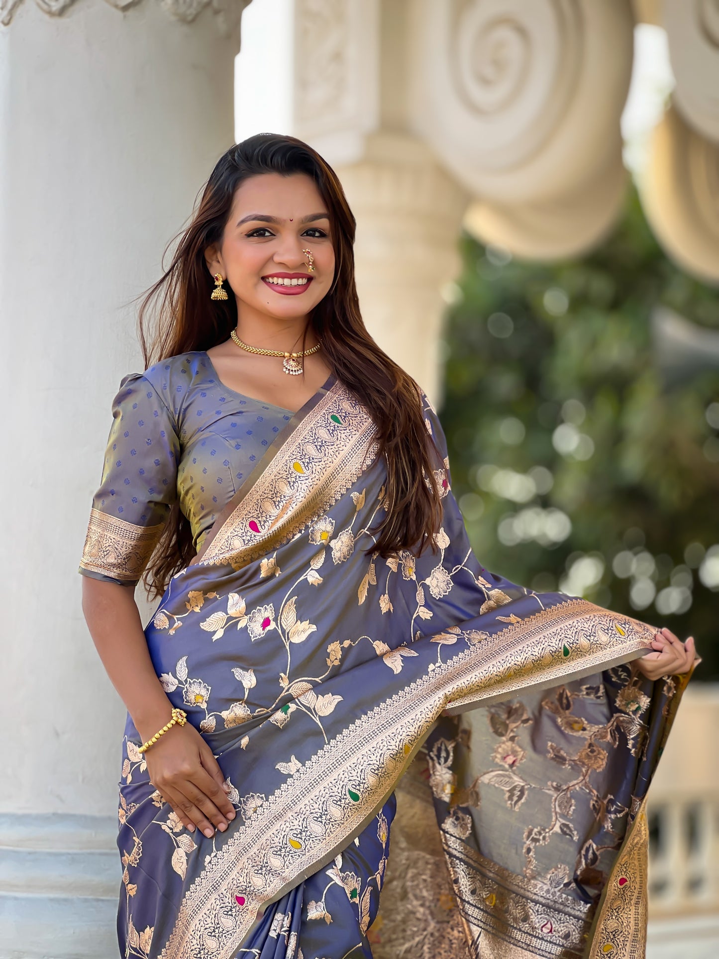 Grey Meenakari Elegance Banarasi Silk Saree