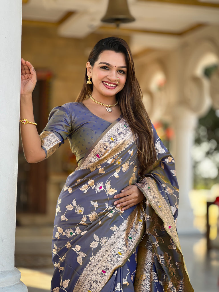 Grey Meenakari Elegance Banarasi Silk Saree