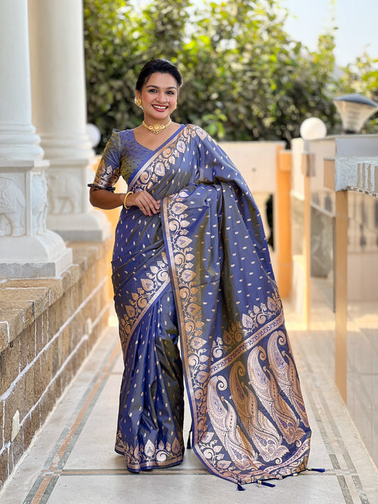 Grey Unique Meena Banarasi Silk Saree With Blouse Piece