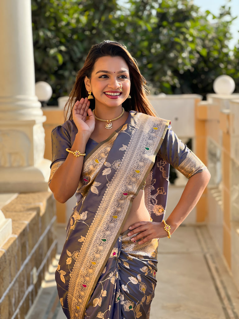 Grey Meenakari Elegance Banarasi Silk Saree