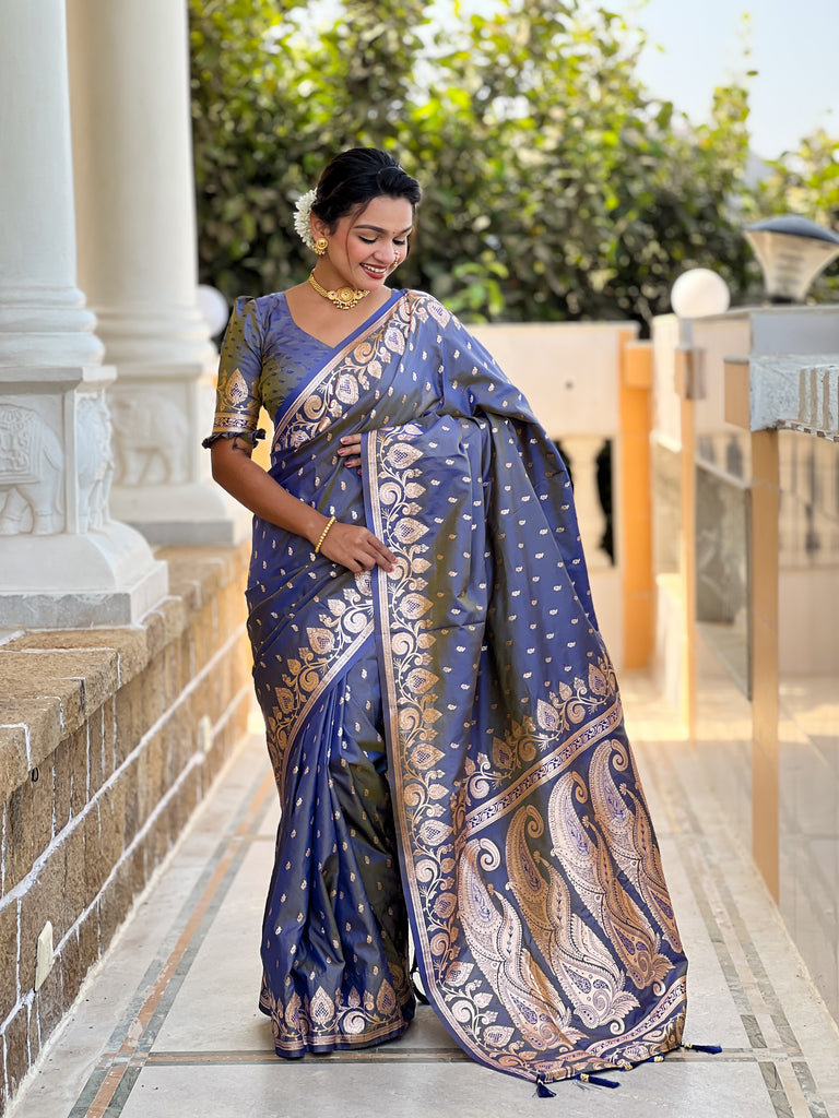 Grey Unique Meena Banarasi Silk Saree With Blouse Piece