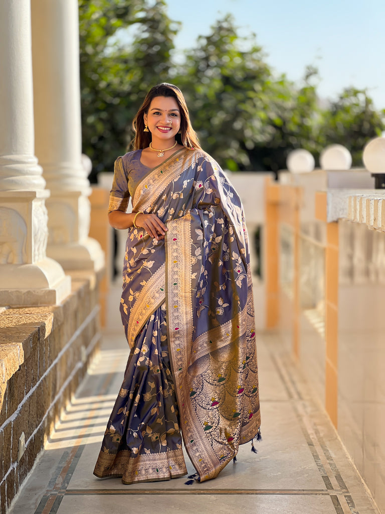 Grey Meenakari Elegance Banarasi Silk Saree