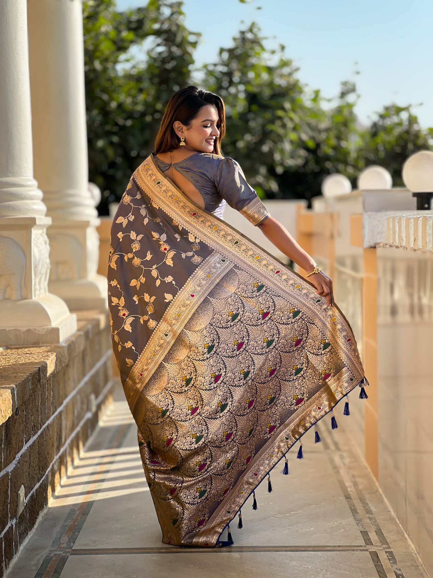 Grey Meenakari Elegance Banarasi Silk Saree