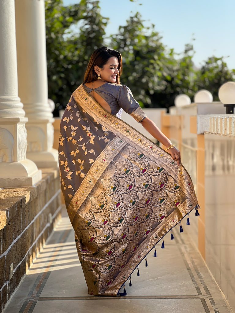 Grey Meenakari Elegance Banarasi Silk Saree