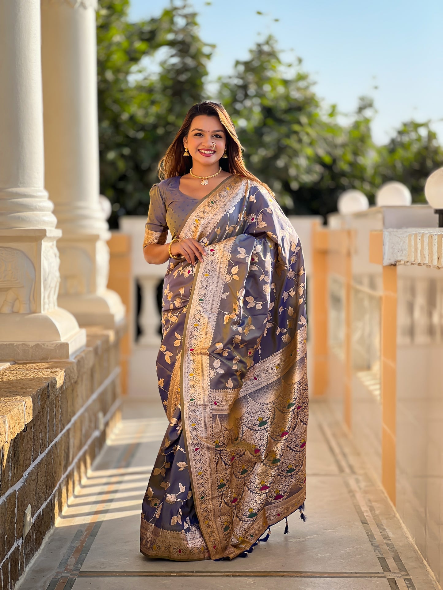 Grey Meenakari Elegance Banarasi Silk Saree