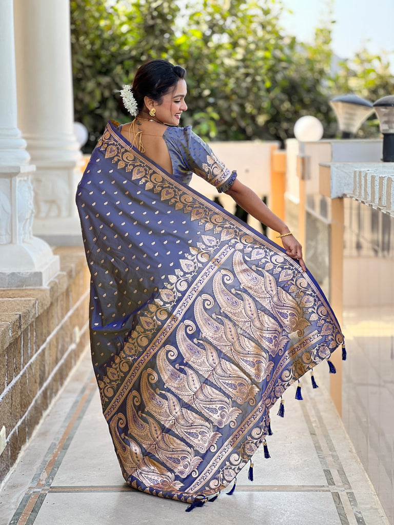 Grey Unique Meena Banarasi Silk Saree With Blouse Piece