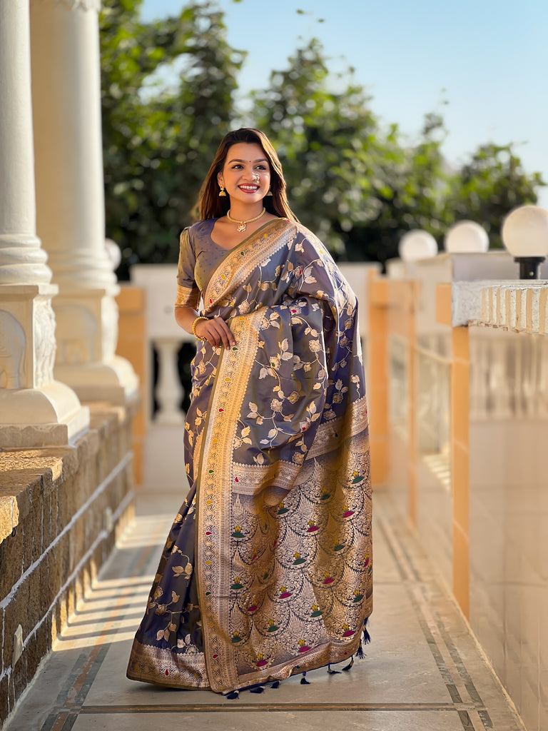 Grey Meenakari Elegance Banarasi Silk Saree