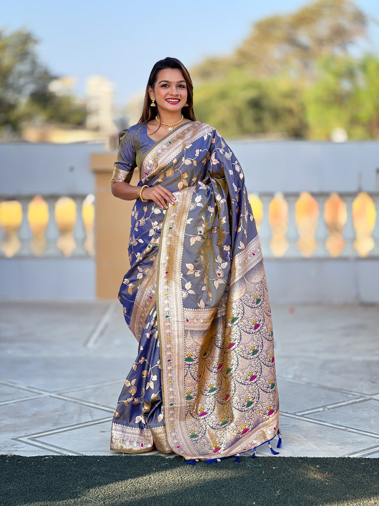 Grey Meenakari Elegance Banarasi Silk Saree