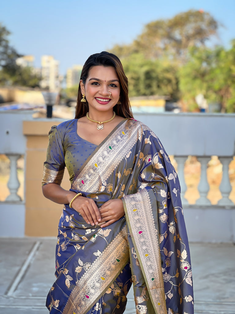 Grey Meenakari Elegance Banarasi Silk Saree