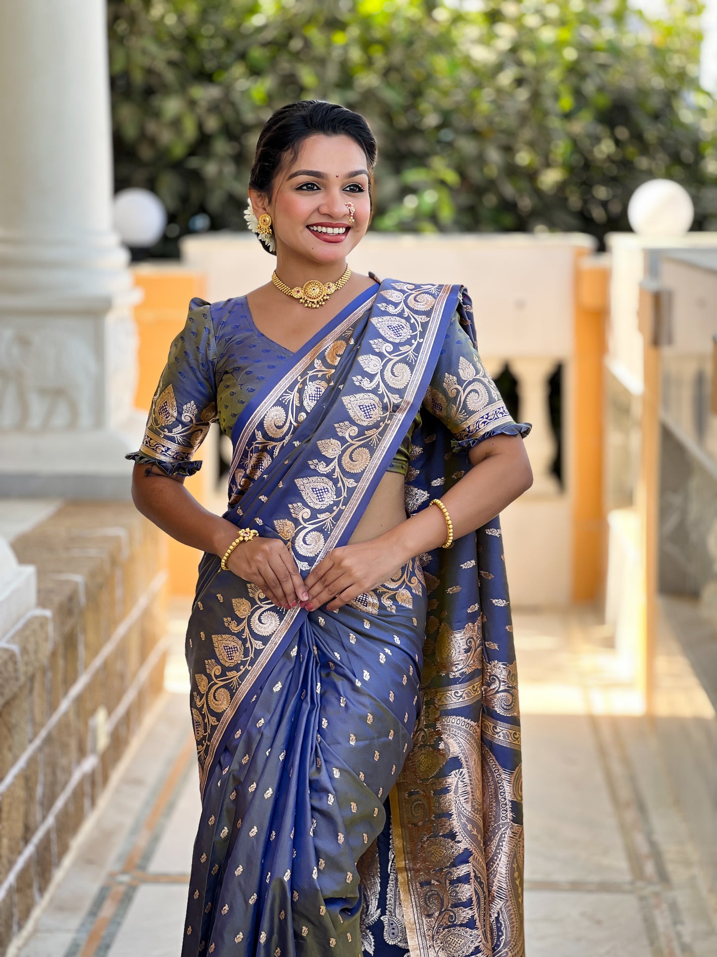 Grey Unique Meena Banarasi Silk Saree With Blouse Piece