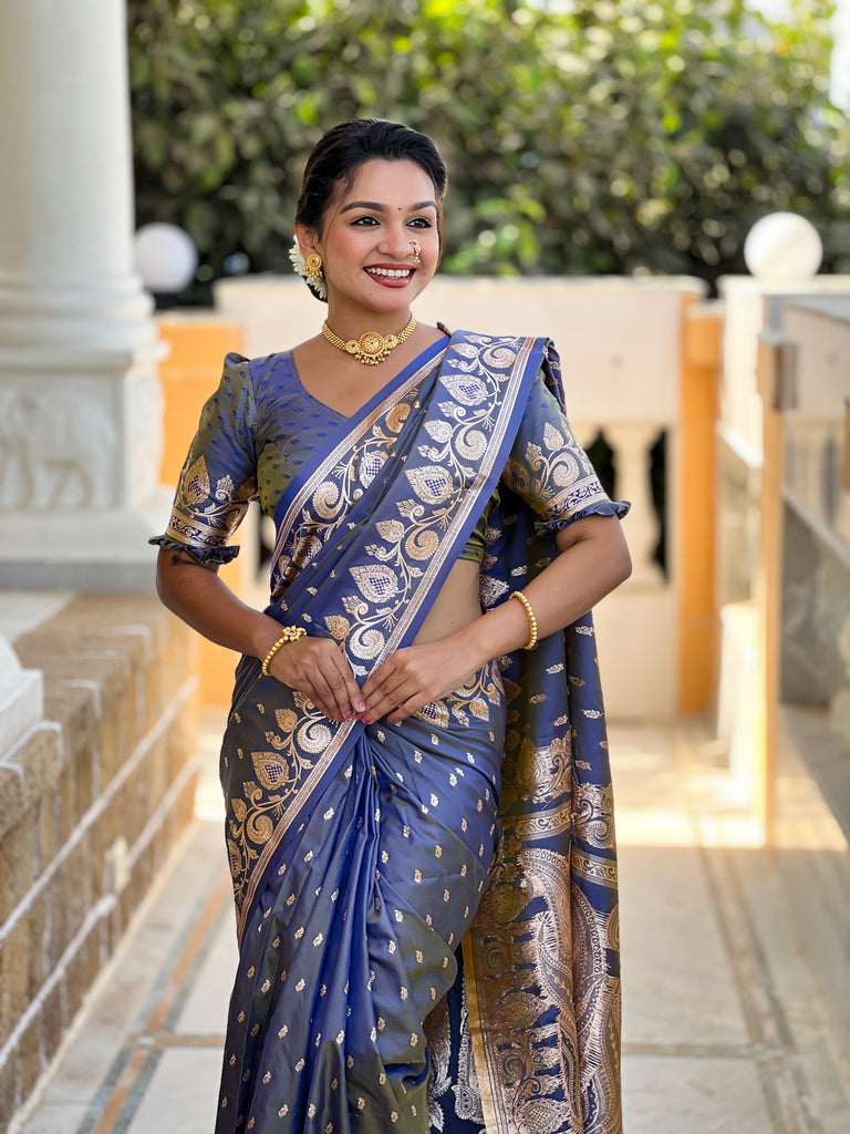 Grey Unique Meena Banarasi Silk Saree With Blouse Piece