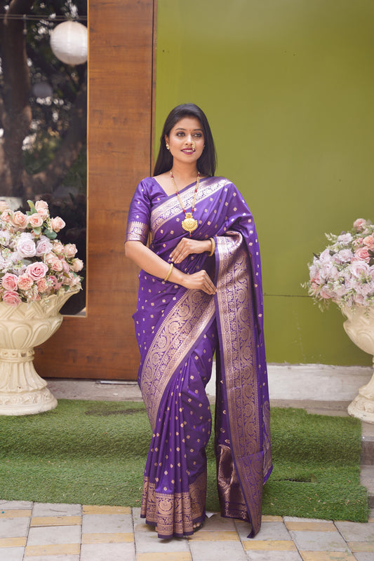 Purple Banarasi Silk Saree With Silk Blouse Piece