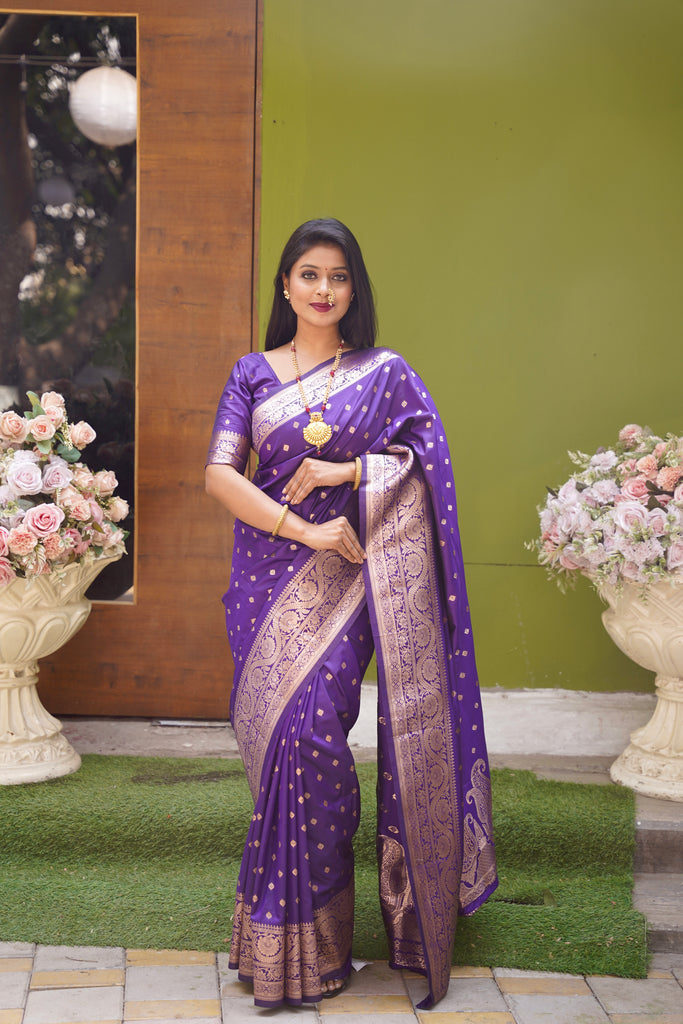 Purple Banarasi Silk Saree With Silk Blouse Piece