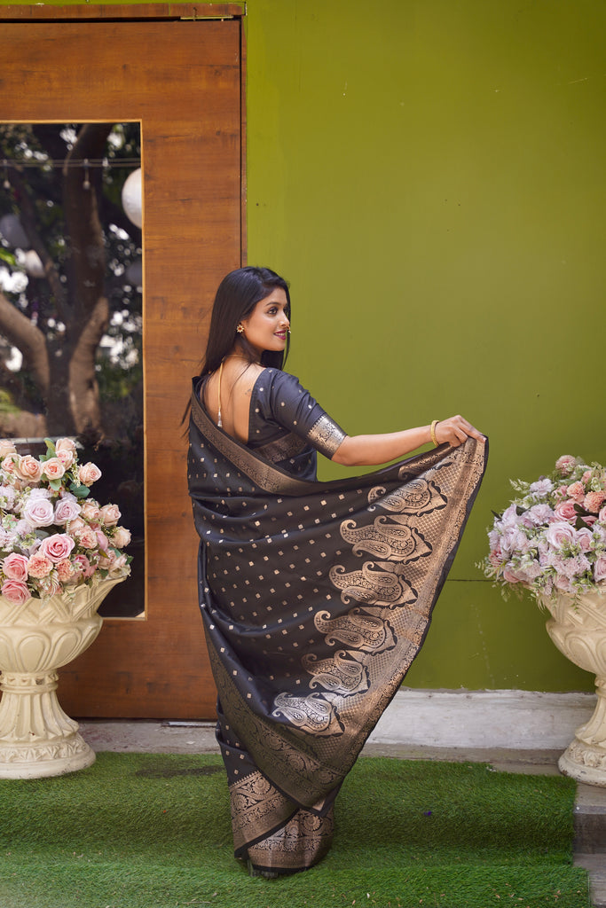 Black Banarasi Silk Saree With Silk Blouse Piece