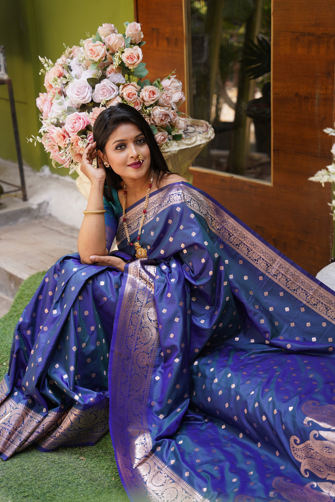 Navy Blue Banarasi Silk Saree With Silk Blouse Piece