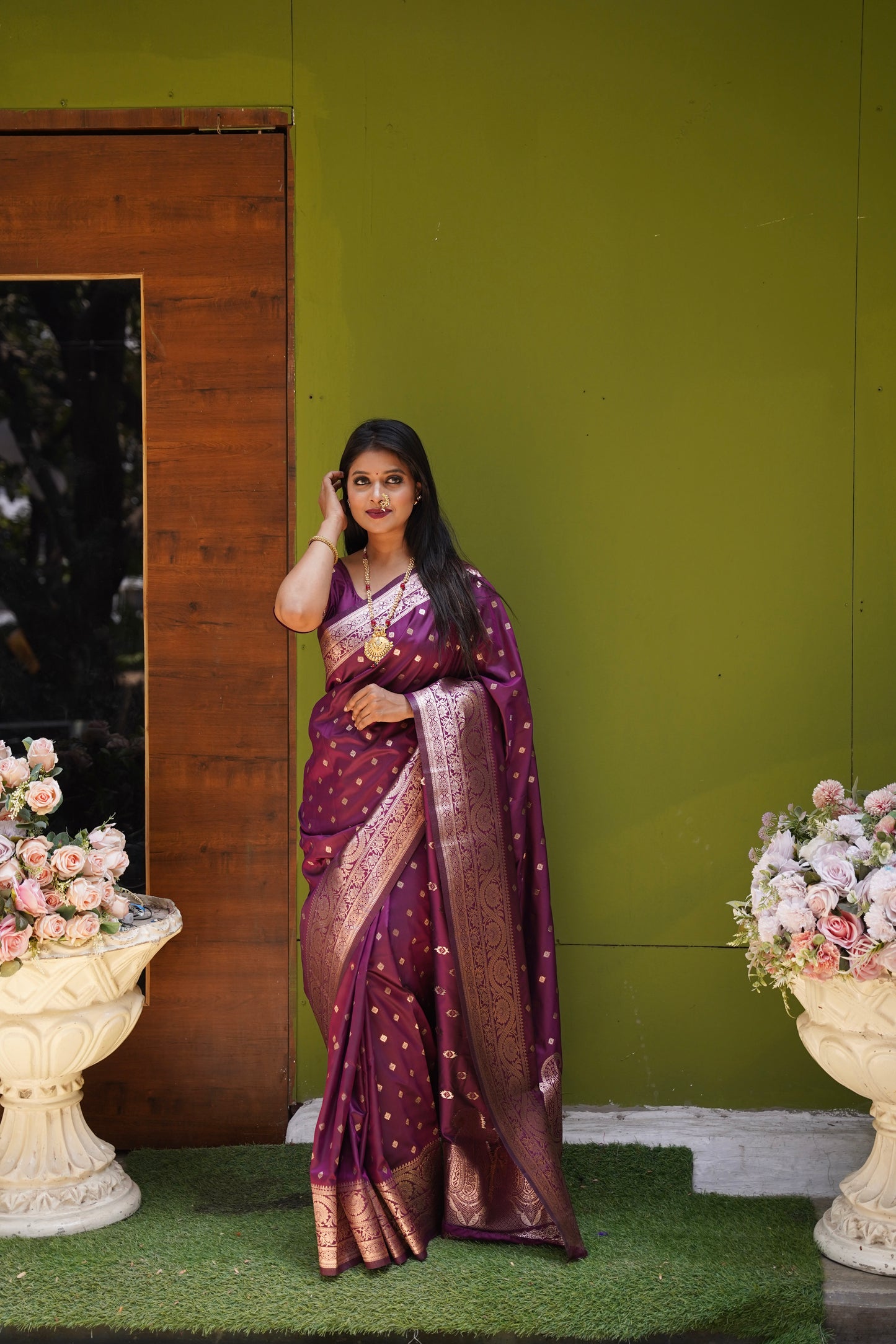 Dark Peach Banarasi Silk Saree With Silk Blouse Piece