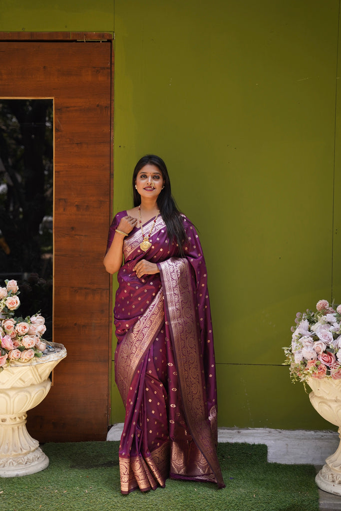Dark Peach Banarasi Silk Saree With Silk Blouse Piece