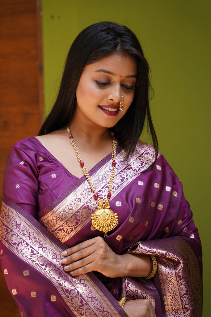 Dark Peach Banarasi Silk Saree With Silk Blouse Piece