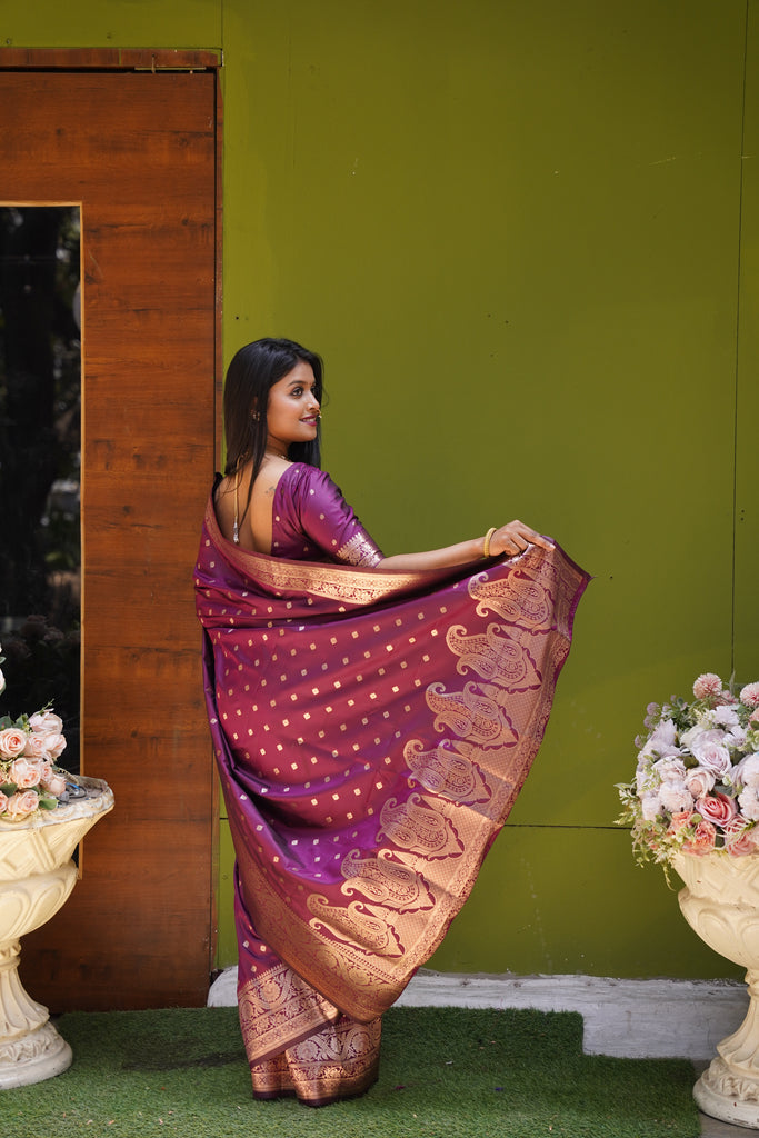Dark Peach Banarasi Silk Saree With Silk Blouse Piece