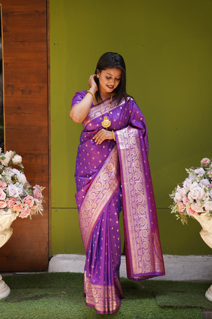 Wine Banarasi Silk Saree With Silk Blouse Piece