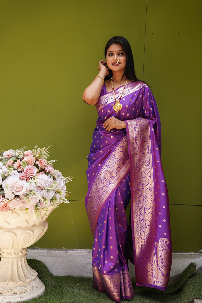 Wine Banarasi Silk Saree With Silk Blouse Piece