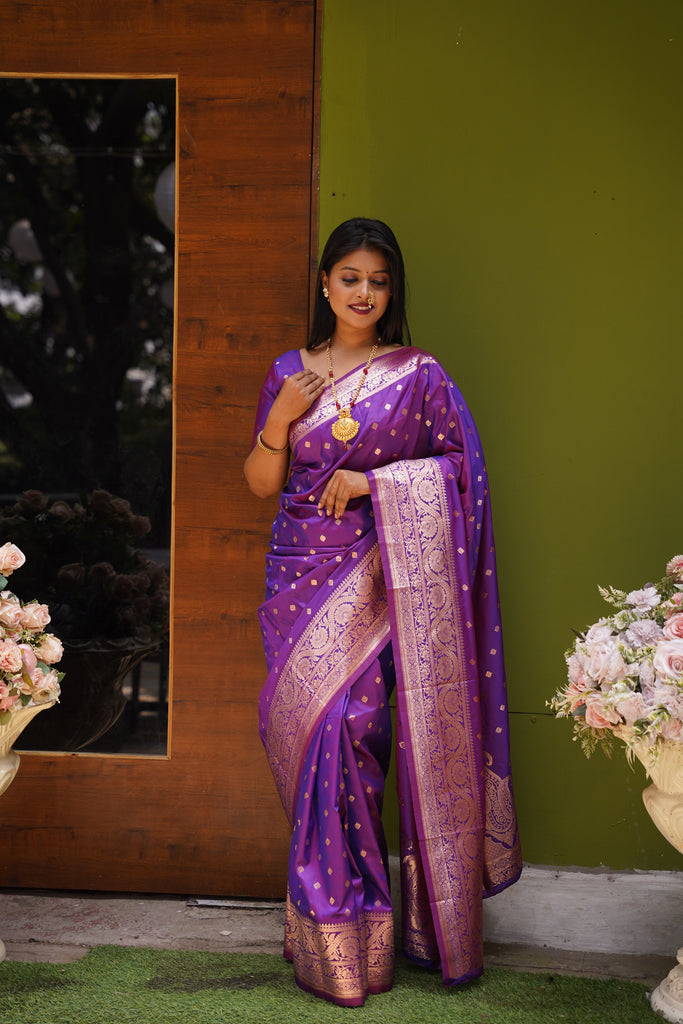 Wine Banarasi Silk Saree With Silk Blouse Piece