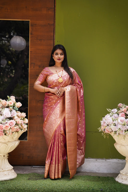 Peach Banarasi Silk Saree With Silk Blouse Piece