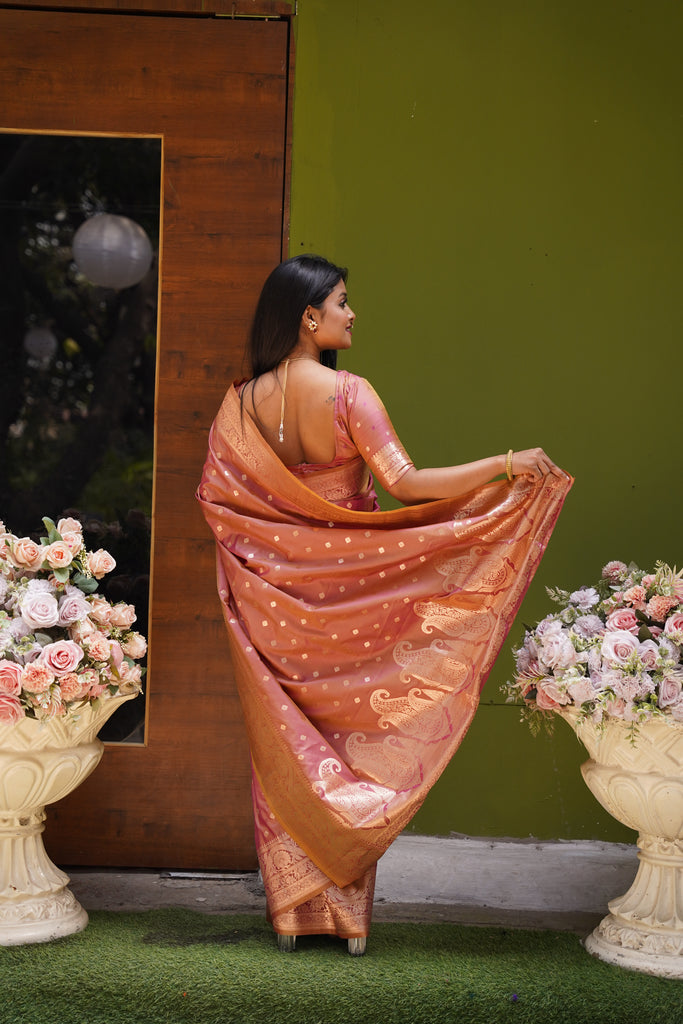Peach Banarasi Silk Saree With Silk Blouse Piece