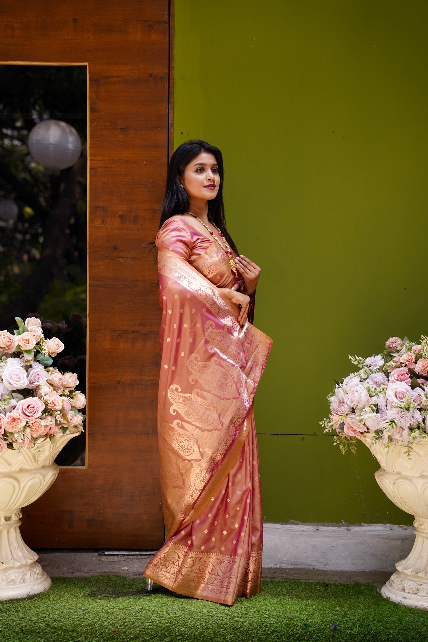 Peach Banarasi Silk Saree With Silk Blouse Piece