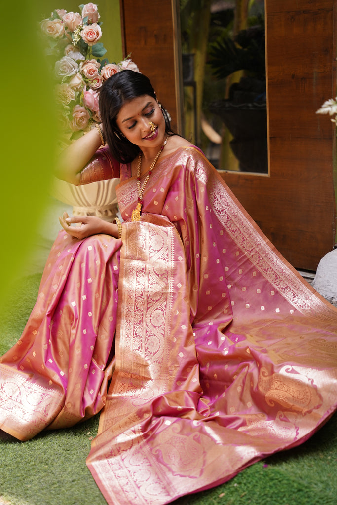 Peach Banarasi Silk Saree With Silk Blouse Piece