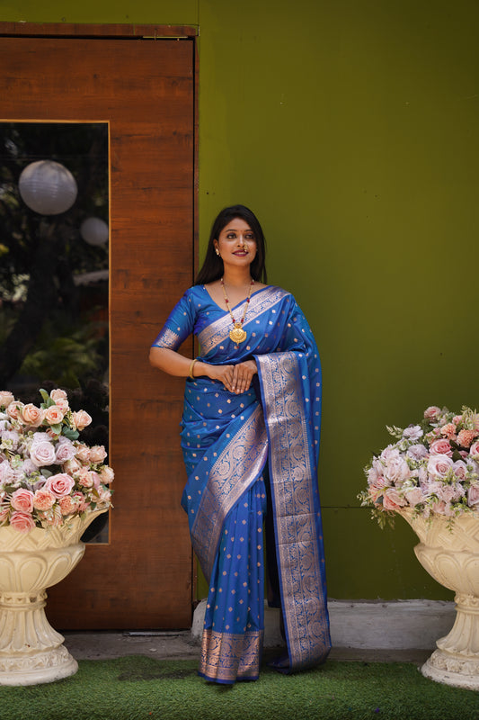 Sky Blue Banarasi Silk Saree With Silk Blouse Piece