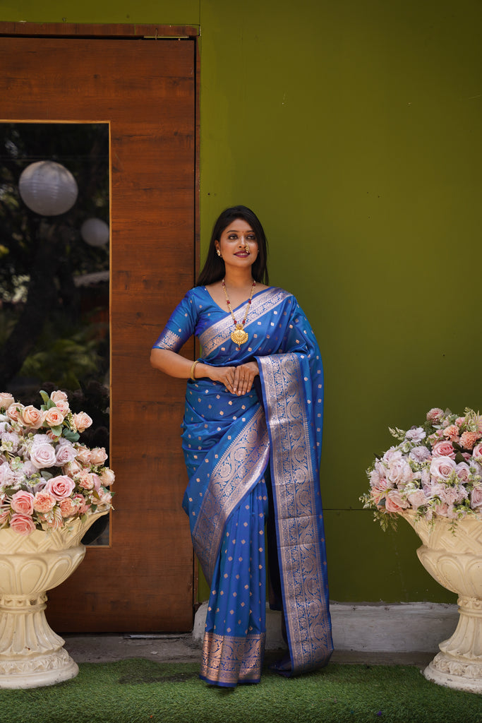Sky Blue Banarasi Silk Saree With Silk Blouse Piece