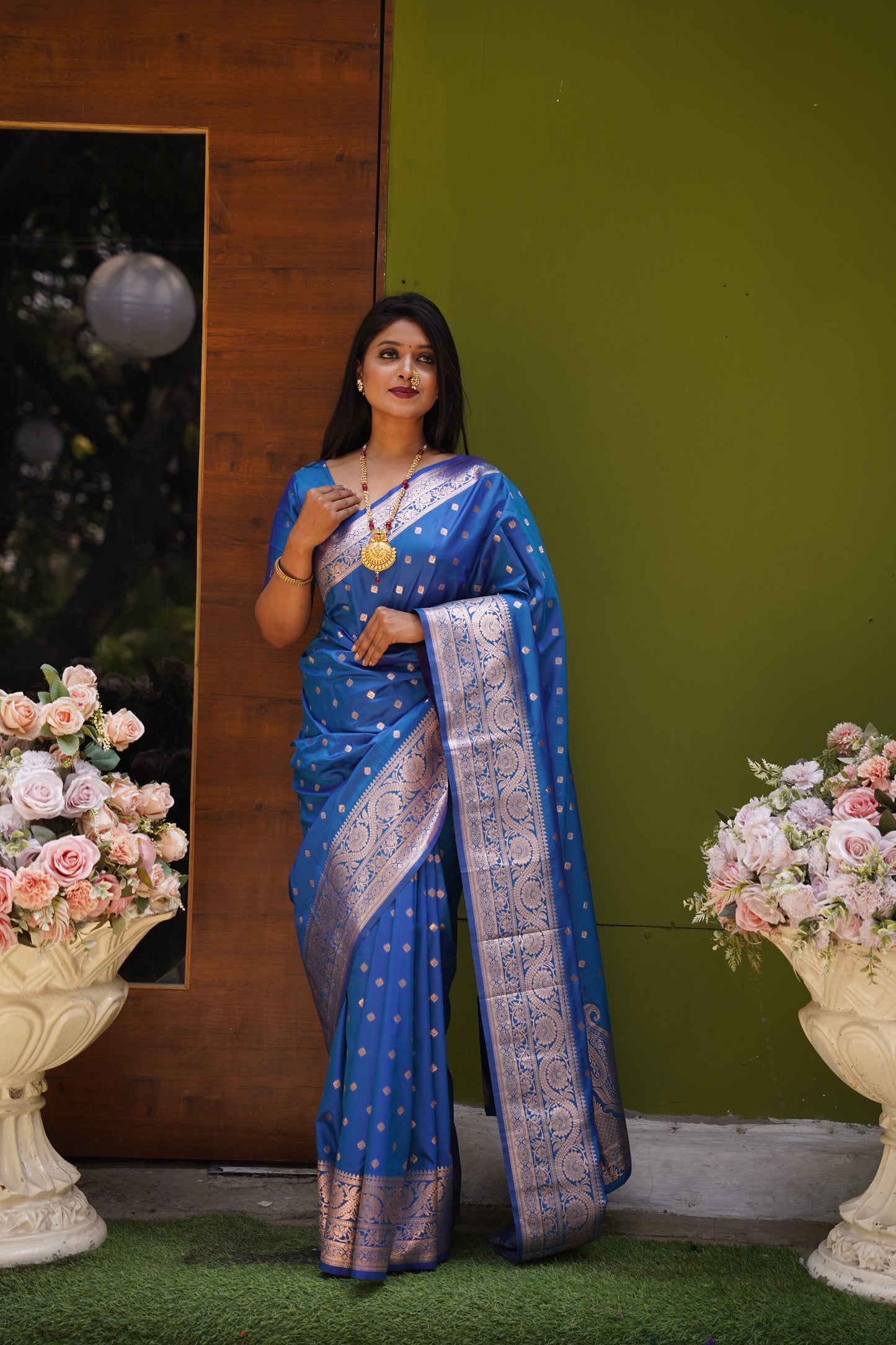 Sky Blue Banarasi Silk Saree With Silk Blouse Piece